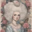 Placeholder: Postcard of Marie-Antoinette in the style of Margaret Keane, with doodles