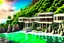 Placeholder: Impressive paradise islands, with elegant and luxurious futuristic homes on cliffs, vibrant and warm tones. Architecture, natural beauty, crystal clear waters, sun and lush vegetation