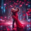 Placeholder: Hyper Realistic handsome muscular guy & a beautiful girl in classy red dress dance in Futuristic City with neon lights & rose-petals at dark night.