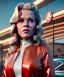 Placeholder: Ultra Realistic retro sci-fi movie Supermarket parking scene, 1960 year, waist up view portrait, 2 clones blonde women, sweet young Jane Fonda face, perfect iris, glow eyes, face makeup, tight latex coat. Supermarket place with people background, Retro sci-fi style, soft color, highly detailed, unreal engine 5, ray tracing, RTX, lumen lighting, ultra detail, volumetric lighting, 3d, finely drawn, high definition, high resolution.