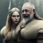 Placeholder: Viking theme, a younger woman sitting next to a 50-year-old man, portrait, 8K, close-up face, anatomically perfect face, Highly detailed stunning full frame portrait, misty and cloudy atmosphere