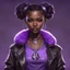 Placeholder: arcane tv show style, league of legends, solo, 1girl, attractive teenager, african, dark skin, dark-brown eyes, black hair, pair buns, (violet strand in forehead bang), necklace, earrings, modern makeup, (detailed skin texture), old leather jacket with violet fur collar, oversized torn t-shirt with half-erased unknown music group logo, You can see through the wide holes in the t-shirt her acid-green sport top, dark background, bokeh, cinematic atmosphere