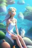 Placeholder: Female sea elf sitting on a rock with her animal friends, highly detailed, art by studio ghibli, laughing, picnic