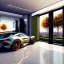 Placeholder: Modern apartment on the outskirts of a metropolitan city, with 2 supercars in the garage, with a beautiful background of the city, there are several trees next to it, it has a very strong impression, 3d rendering