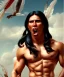 Placeholder: native american warrior, long black hair, big muscles, face up, mouth wide open, scream face, shirtless, looking to the sky