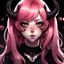 Placeholder: Teenage girl, demon like horns, long pink hair tied into a bubble ponytail with curled bang to the left, red eyes, thick black eyelashes, dark makeup, black lips, anime style, looking straight into the camera, front facing,