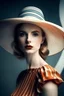 Placeholder: slim young woman in dress and with hat on erwin blumenfeld style cinemattic highlights detailled real wide and depth atmosphere