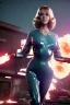 Placeholder: retro sci-fi press image, supermarket explosions from 1960, sweet young Jane Fonda, tight latex suit, weapon, fighting stance, soft color, highly detailed, unreal engine 5, ray tracing, RTX, lumen lighting, ultra detail, volumetric lighting, 3d, finely drawn, high definition, high resolution.