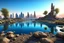 Placeholder: lagoon, rocks, distant mountains, arid land, dry trees, distant modern contemporary city, epic.