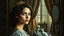 Placeholder: A woman portrayed whose gaze changes color depending on the angle, a carved frame that whispers ancient stories, an oval mirror where the reflection always smiles, a room that breathes gently, silk curtains that dance without wind, porcelain cats that blink when no one is looking, light that rains from an interior sky, Latin American magical realism style