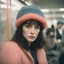 Placeholder: Isabelle adjani, sad,in the metro in the style of a polaroid,, pink,orange, with a knitted hat