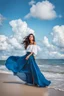 Placeholder: young lady wearing beautiful maxi blue skirt and elegant long shirt standing in beach posing to camera ,upper body shot,ships in sea ,blue sky nice clouds in background