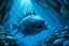Placeholder: A blue underwater abyss with angler fish painted by Katsushika Hokusai