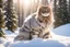 Placeholder: Cat in Wellensteyn coat, winter forest, pine trees, snowing, in sunshine