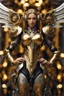 Placeholder: photo full body lady Angel cyborg straddle wings, using traditional armor,detailed, intricate,gears cogs cables wires circuits, gold silver chrome copper,abstract background