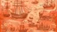 Placeholder: A light rosy orange colored bay with pirate ships and crystals designed in medieval tapestry