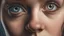 Placeholder: Dramatic close-up of a female face with large, expressive eyes, intense and absorbing gaze, dilated pupils reflecting soft light, long and defined eyelashes, lips half-open in mid-dialogue, smooth skin with a soft natural blush, intimate and close atmosphere, hyperrealistic portrait style