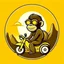 Placeholder: Monkey riding a scooter with sunglasses and a big smile, have a mountain sunset on the background, make a round logo, make the color brown