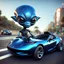 Placeholder: Magnetic blue cartoon alien driving a shiny black open sports car on a san fransisco road, character portrait by Mike Winkleman, featured in cgsociety, pop surrealism, rendered in cinema4d, daz3d, behance hd