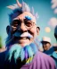 Placeholder: Ultra Realistic photo, medium shot view, drunken sweet happy old man, carnival scene, monster hair, steampunk style. Blue hair, confeti, smile, happy, festival, ovnis, gradient color fog. highly detailed, concept art, unreal engine 5, ray tracing, RTX, lumen lighting, ultra detail, volumetric lighting, 3d, finely drawn, high definition, high resolution.