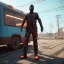 Placeholder: Man, cyberpunk bus, blue and sky lighting, guns, wearing red armor, unreal engine 5 --v 4