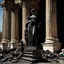 Placeholder: A large black marble statue of a woman holding a baby in her arms, standing among the remains of fallen columns of a Corinthian temple, a very detailed sculpture