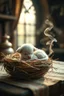 Placeholder: demon [A tiny white puppy curled up in a nest on a medieval wizard's table]. Shot with a macro lens (f/2.8, 50mm) and a Canon EOSR5, the soft focus captures [the cozy morning light filtering through a nearby window]. The pastel colors and whimsical steam shapes enhance the serene atmosphere, evoking a DnD RPG setting. The image is rendered in 16K and 8K, highlighting [the intricate details and medieval charm]