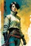 Placeholder: create an imaginative portrait illustration of an ethereal, otherworldly , pale medieval female master thief with very short hair wearing a ragged baldric and boots , in the comic book art style of Bill Sienkiewicz, Mike Mignola, and Jean Giraud Moebius, with highly detailed feminine facial features , finely drawn, colored and inked,