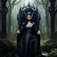 Placeholder: Morena Baccarin as a beautiful sexy dark elf queen seated elegantly on a throne in a mystical forest, dark celtic vignette frame, photo-realistic, cinematic lighting, award-winning photography