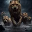 Placeholder: Hyper Realistic Angry-Hyenas Attacking Angry-Lions on with river-water flow, big-stones at dark-Rainy-night showing dramatic & cinematic ambiance