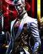 Placeholder: Striking hyper-realistic anime illustration of a powerful male protagonist, dressed in a white, red, black and gold outfit. Featuring obsidian patterns with gold details and the edges emit fascinating energy. Muscular physique accentuated with sleek lines and details. Futuristic cityscape background. Masterpiece of art that combines anime and science fiction aesthetics. Poster-worthy cinematic illustration