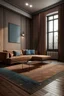 Placeholder: tiny livingroom with compact sofa bed taupe, carpet modern jan kath, style modern design, parquet floor, colour rust wallpaper with atmospehere licht blue accents