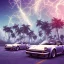 Placeholder: 1980's aesthetic vaporwave palm trees and spheres and Porsche with lightning