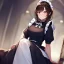 Placeholder: Clear focus, High resolution, girl wearing a maid outfit, medium length dark brown hair, sitting down, angry