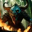 Placeholder: [a scene of Pan's Labyrinth (2006): summoning a devil] a low angle view with bokeh effect capturing the monstrous Laughing monster in all its fearsome glory. Smoke billows menacingly from its nostrils, swirling around its grotesque visage, while flames rage fiercely from its gaping maw, casting an eerie glow against the darkening sky. The Laughing monster's wicked laughter echoes through the valley, sending shivers down the spines of all who behold its menacing form.