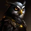 Placeholder: D&D character portrait, male owl human, black feathers, yellow eyes