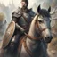 Placeholder: A paladin in gray armor riding a horse without armor. You can see the face of an 40 year old man with small scars. The paladin is wearing a shield on the left arm and holding a necklace with a amulet in the right hand. The background is a village in the woods with a misty atmosphere. The image is super detailed in a fantasy dnd style.