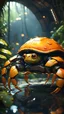 Placeholder: magazine cover, metallic yellow orange crab turtle robot chivalry knight with friendly cute face and hair locks in dark lit reflective wet jungle metallic hall dome hotel tunnel, in the style of fallout 4 game,bokeh like f/0.8, tilt-shift lens 8k, high detail, smooth render, down-light, unreal engine, prize winning