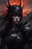 Placeholder: A formidable warrior girl in black armor & monster, against the background of an amazing gloomy landscape flooded with sunset, mountains, trees, a fabulous scary hero, juicy emotions, painting, gloomy fantasy, gloomy day, dark world, portrait, oil and graphite, wide strokes, a weaving frame around, by Ryohei Hase, Agnes Cecile, Raymond Swanland, Anne Bachelier