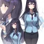 Placeholder: High quality, Detailed, Black long hair, Purple eyes, mouth open, blushing, office lady clothes, concept art
