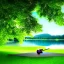 Placeholder: guitar is leaning at a beautiful green Tree, in front of a lake, photorealistic