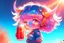 Placeholder: cute chibi holographic girl looking at a red bull happily in sunshine