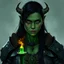 Placeholder: A digital illustration shoot from a portrait camera angle about a portrait of a young orc woman with dull green skin. In the middle of the image, a 20 years old orcish woman, appears to be looking at the viewer lost in thought. she has long black hair, red eyes, and is wearing armour. Fantasy, skyrim, magic