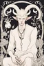 Placeholder: young satyr male albino alchemist with goat horns in the style of Aubrey Beardsley