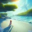 Placeholder: Little girl day, sunny, relaxing, sea, trees, real details anime style, realistic, glowing beach