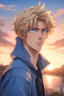 Placeholder: cool anime chalan s menom Ixpo s typom vlasov špinavý blond s modrý očami s modrou mikinou ktorá má kapucňu s pozadím pri západe slnka na spôsob na profilovku na youtube