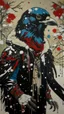 Placeholder: A contemporary serigraphy portrait by Kunisada of a crow adorned in a punk leather jacket within a snowy Christmas atmosphere.