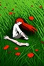 Placeholder: A lonely man is hugging his knees and sleeping in the meadow, cartoon style- anime