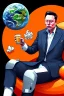 Placeholder: simple digital art scene, Elon musk sitting on the moon on an orange couch, beer in hand ,eating popcorn, looking unamused at planet earth,. selective colours