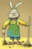 Placeholder: artist Jean-Baptiste style. A unhappy, disgruntled biomorph skinny fuzzy-headed old dust Bunny. skinny arms, legs, and body covered all over with bits of dust and dirt. blue eyes. A yellow dotted green raggedy apron. holding a mop and pail. standing in a cloud of dust. large bits of dirt flying around his head. style of Tim Burton.